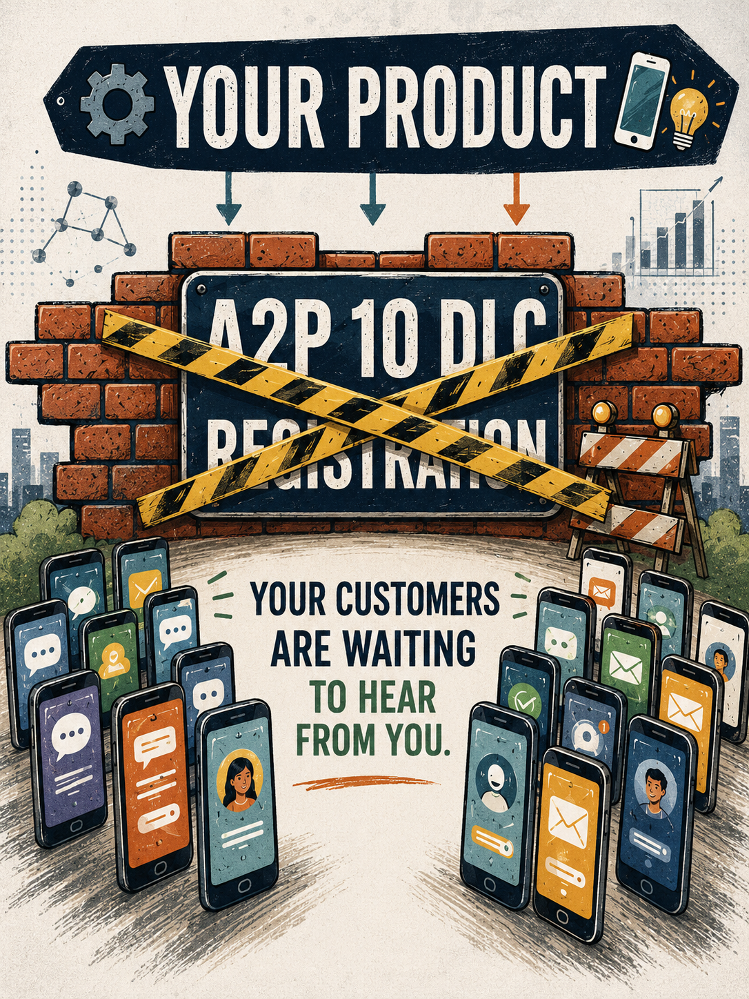 A brick wall labeled A2P 10DLC Registration blocking a path to customers, with rows of phones waiting to receive messages